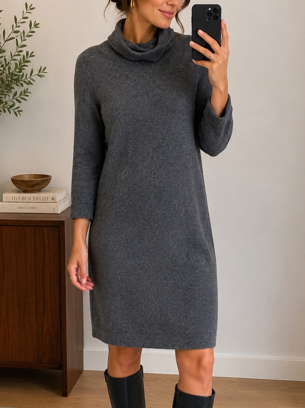 Neiman Marcus 100% Cashmere Turtleneck Sweater Dress Gray Size Small